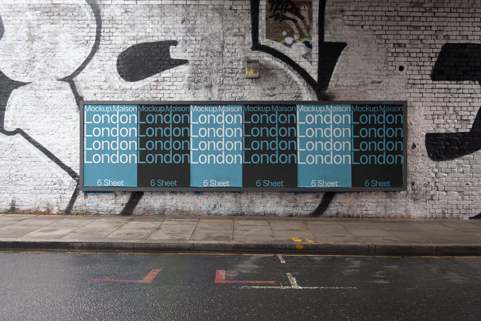 PSD mockup of a wall mural featuring the word "London" repeated multiple times in blue and white text with a brick background.