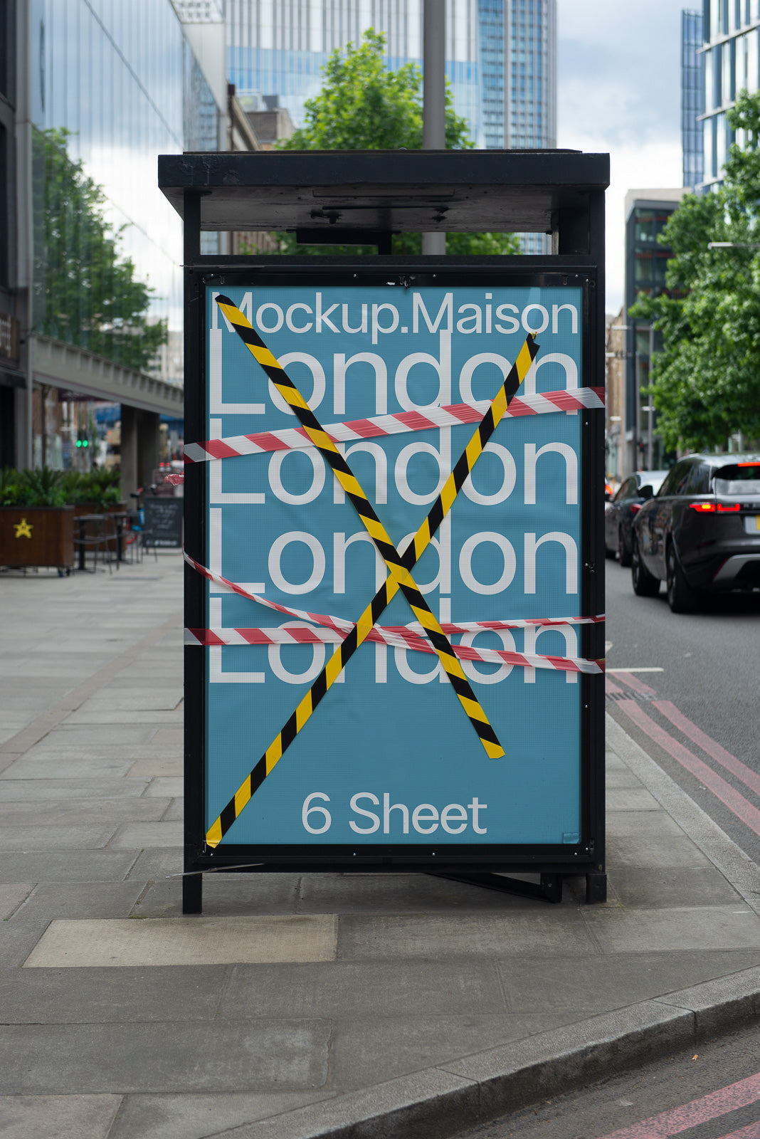 PSD mockup of an outdoor advertisement display covered with striped caution tape in a city street setting, featuring high-rise buildings in the background.