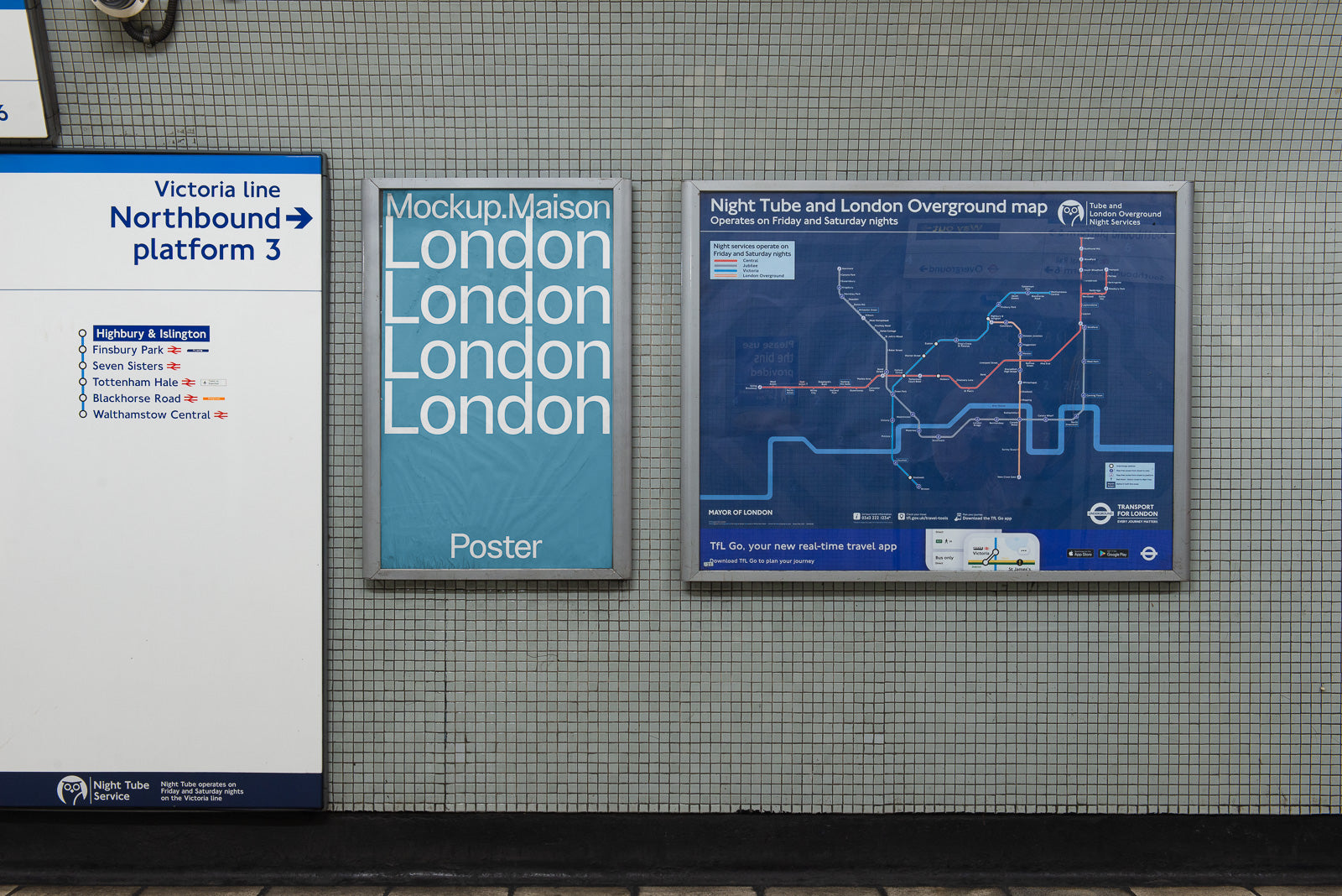 PSD mockup of a subway platform with a blue poster reading "Mockup Maison London" beside a map of the London Night Tube.