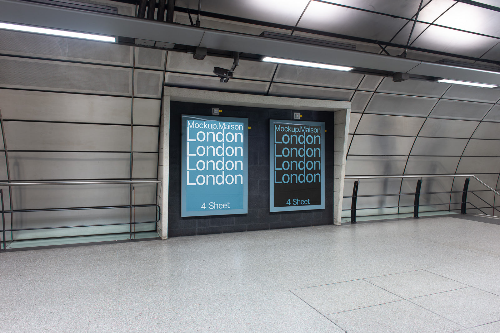 PSD mockup of two posters displayed on a modern subway station wall, featuring the repeated text "London" in varying fonts and colors, with "Mockup.Maison" and "4 Sheet" labels.