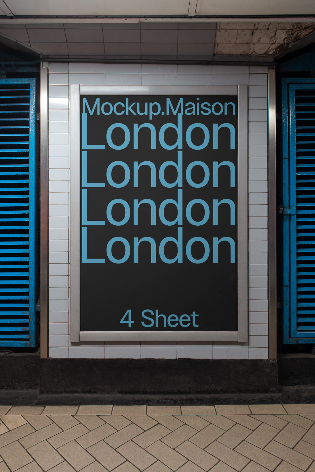 PSD mockup of a tiled subway wall featuring a vertical poster with repetitive text "London" and "4 Sheet" at the bottom, framed in metal.