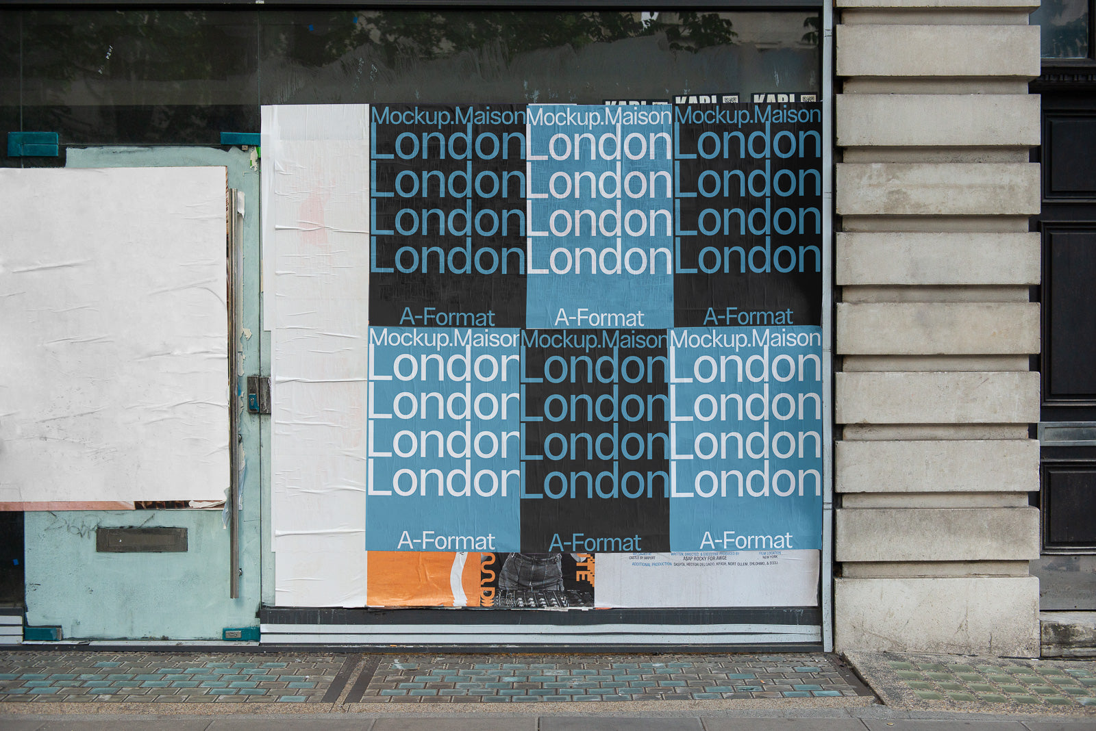 PSD mockup of a series of overlapping posters on a city storefront window, showcasing repeated words "London" and "Mockup.Maison" in blue and black.