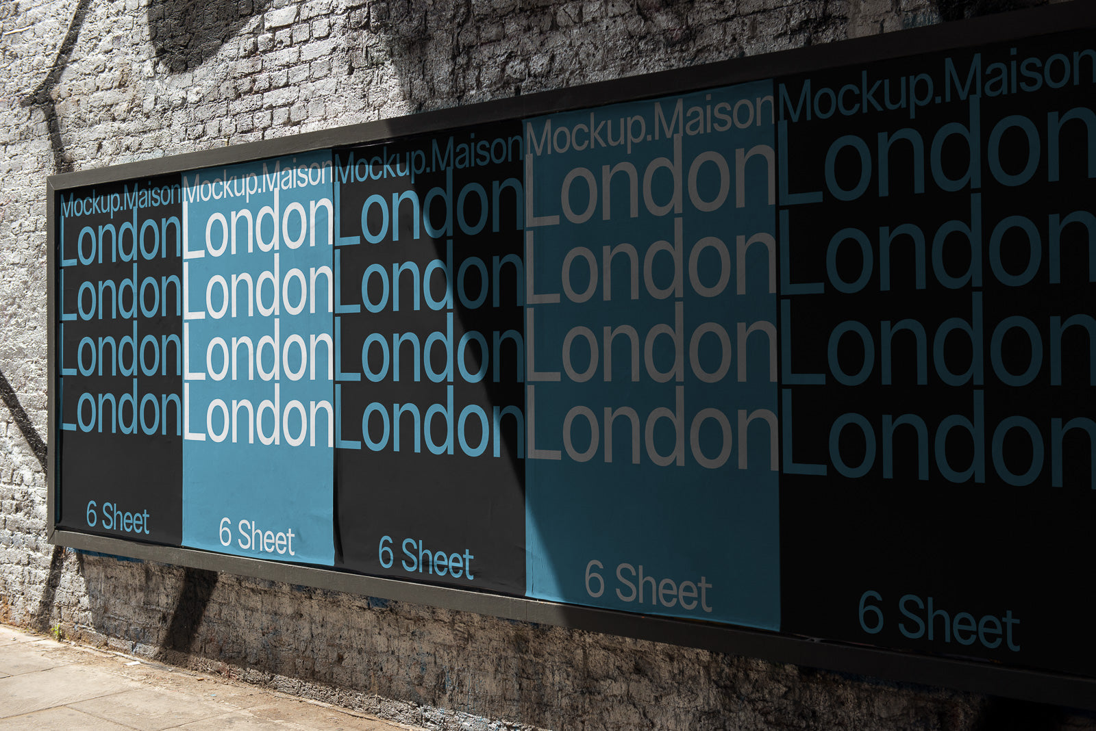 PSD mockup of a brick wall displaying posters with the word "London" repeated in varying sizes and shades of blue and black, partially shaded.