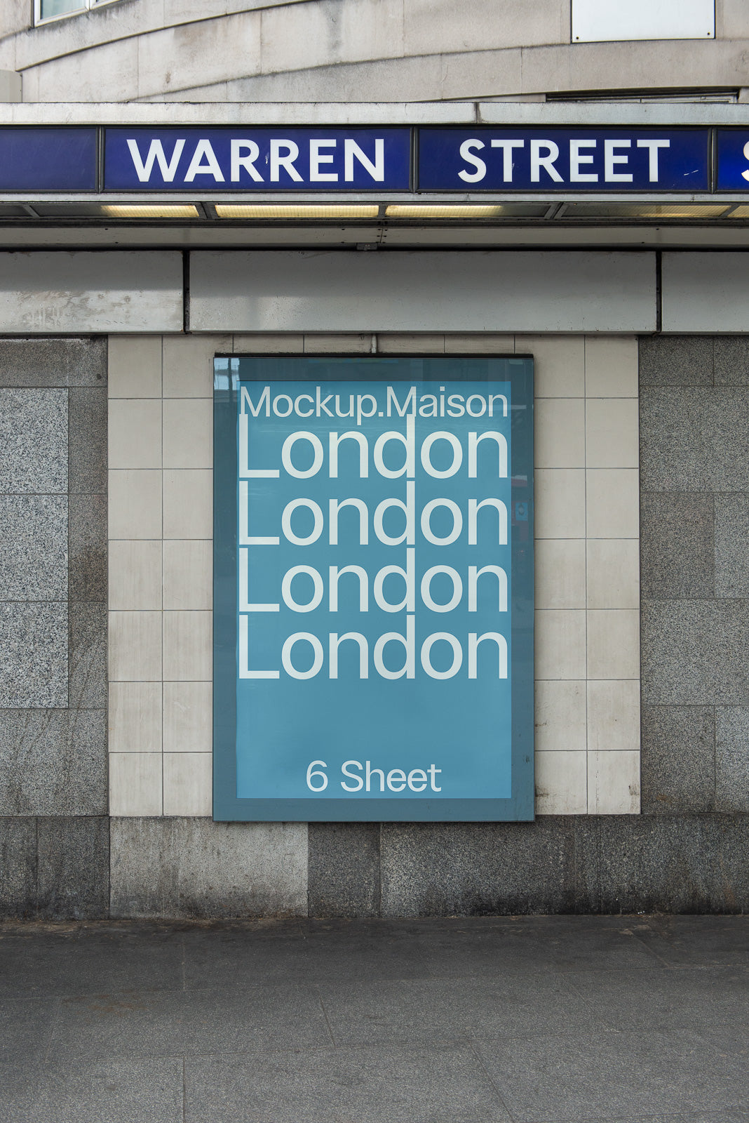 PSD mockup of an advertising poster at a subway entrance, featuring the word "London" repeated with modern typography on a blue background.