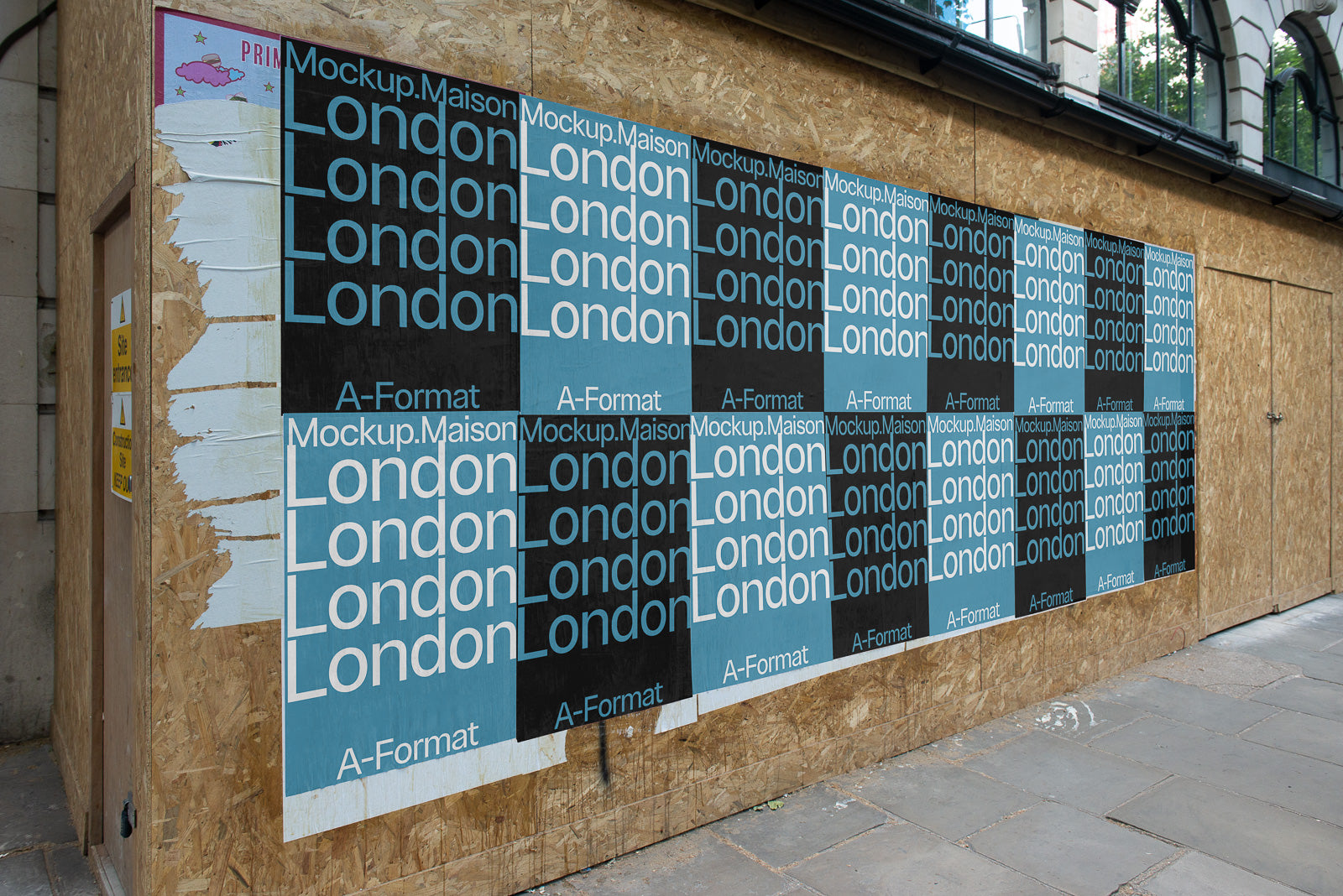 PSD mockup of multiple London posters aligned on a plywood wall outside a building, featuring a repetitive design with black, blue, and white text.