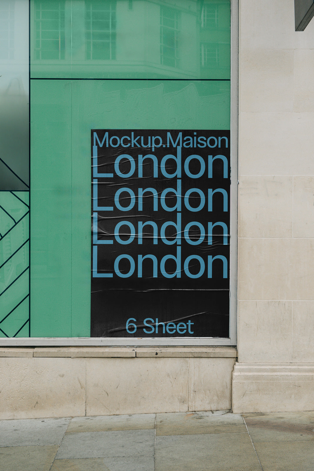 PSD mockup of a large window poster with the word "London" repeated four times in blue on a black background, located in an urban setting.