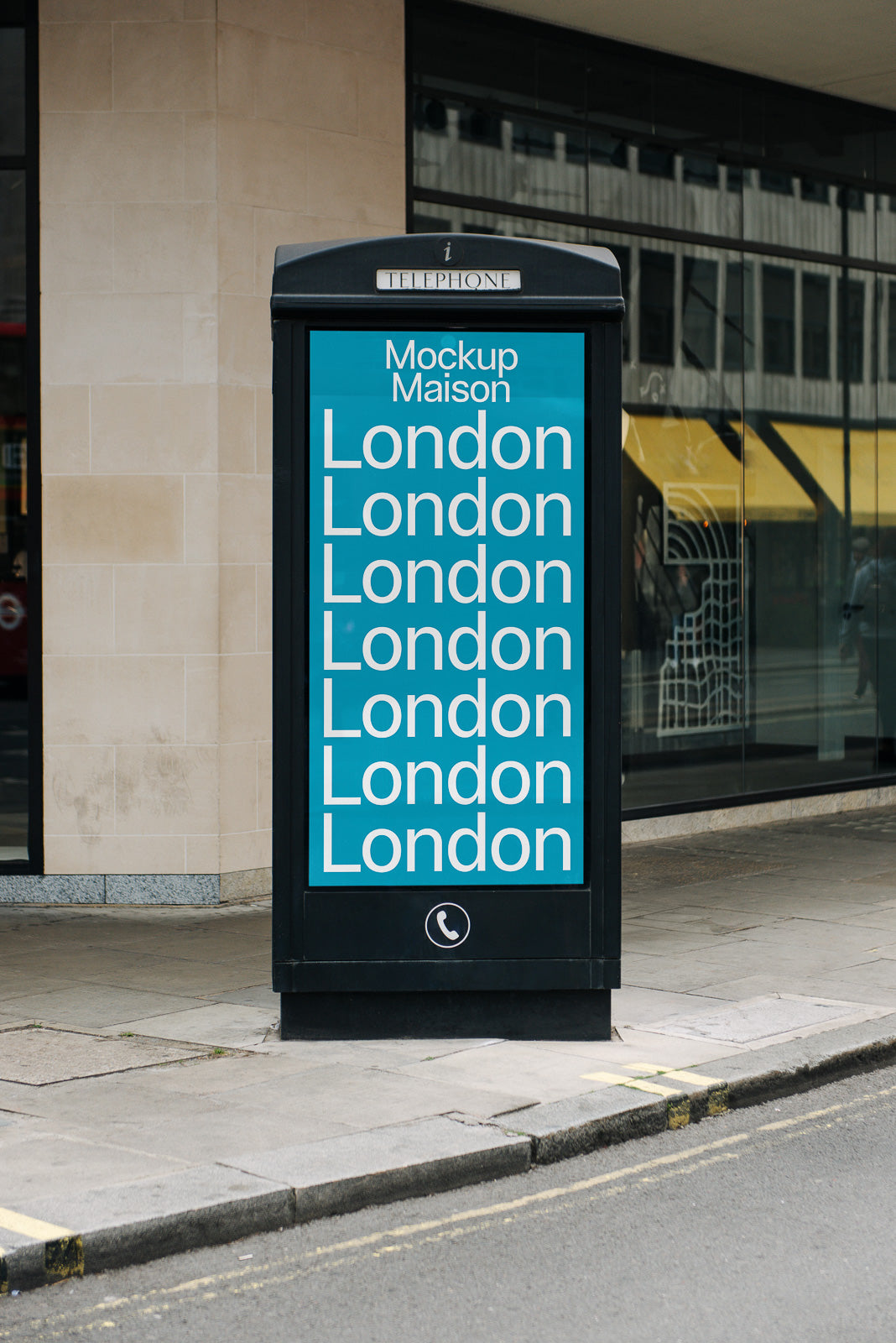 PSD mockup of a black telephone booth featuring a turquoise advertisement with the word "London" repeated vertically multiple times.