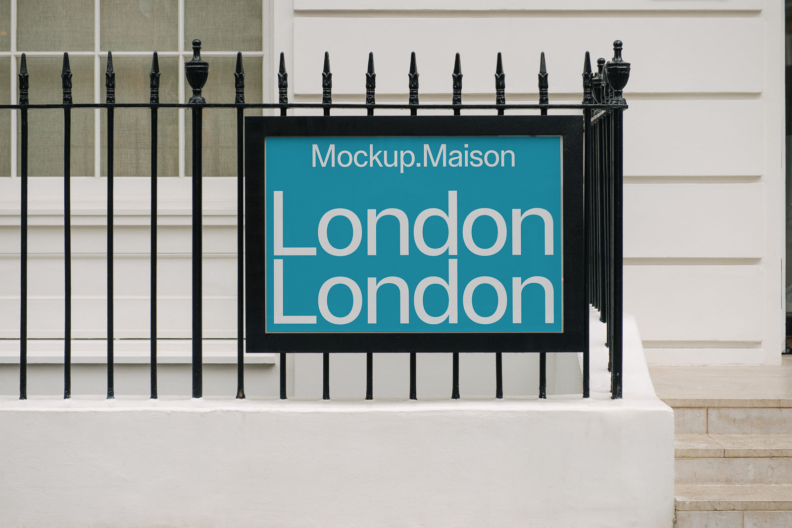PSD mockup of a signage mounted on a black iron fence, featuring a blue background and white text that reads "London London."
