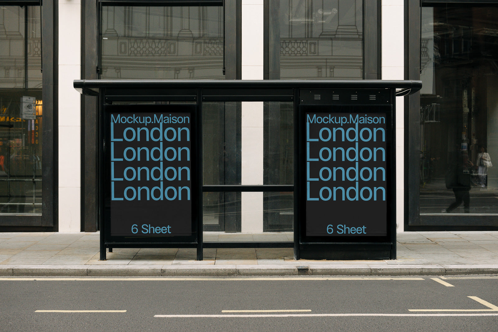 PSD mockup of an urban bus stop with two large poster displays featuring the repeated text "London" in blue on a black background.