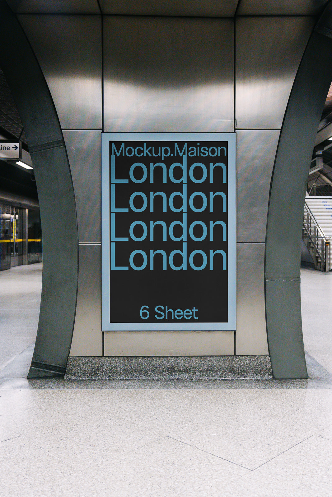 PSD mockup of a subway advertising panel displaying repeating text "London" against a dark background, positioned in a modern underground station.