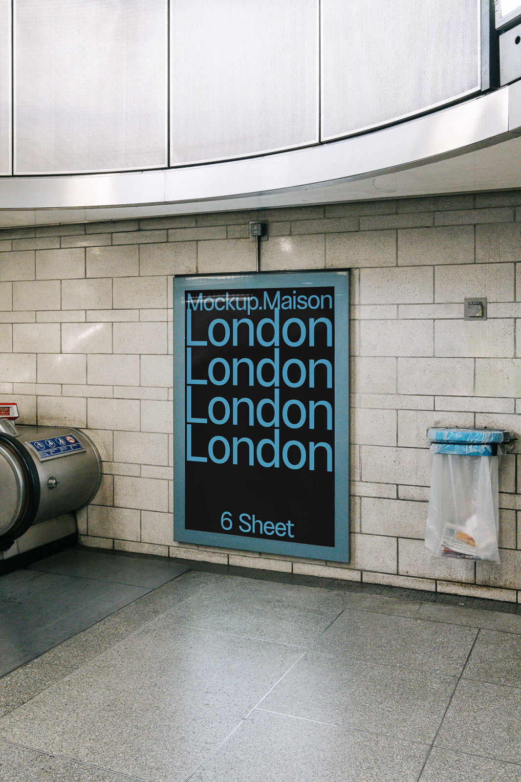 PSD mockup of a London underground billboard display, showcasing the word "London" repeated four times in blue text on a black background.