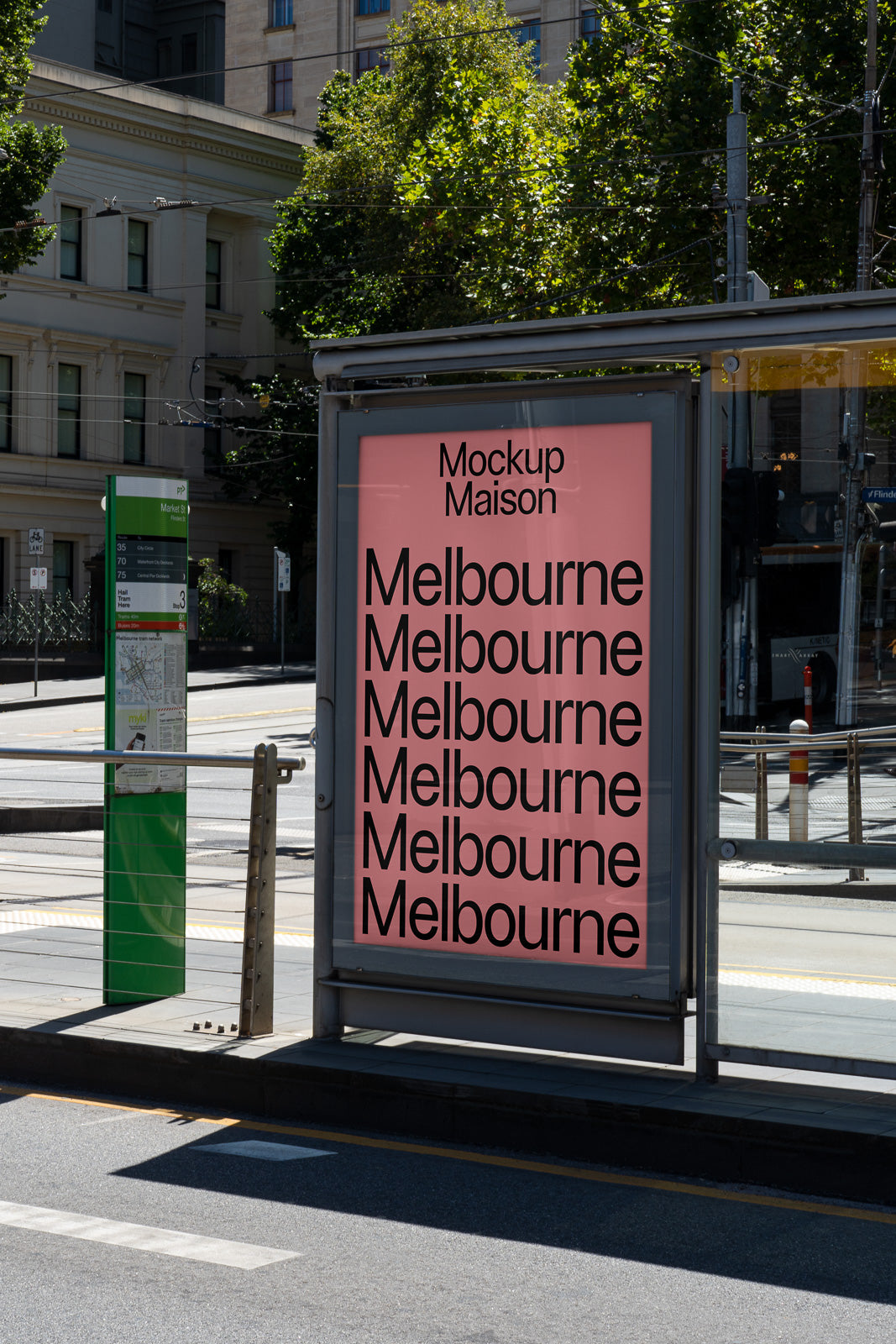 PSD mockup of a bus stop advertisement poster displaying repetitive "Melbourne" text on a pink background under "Mockup Maison" header.