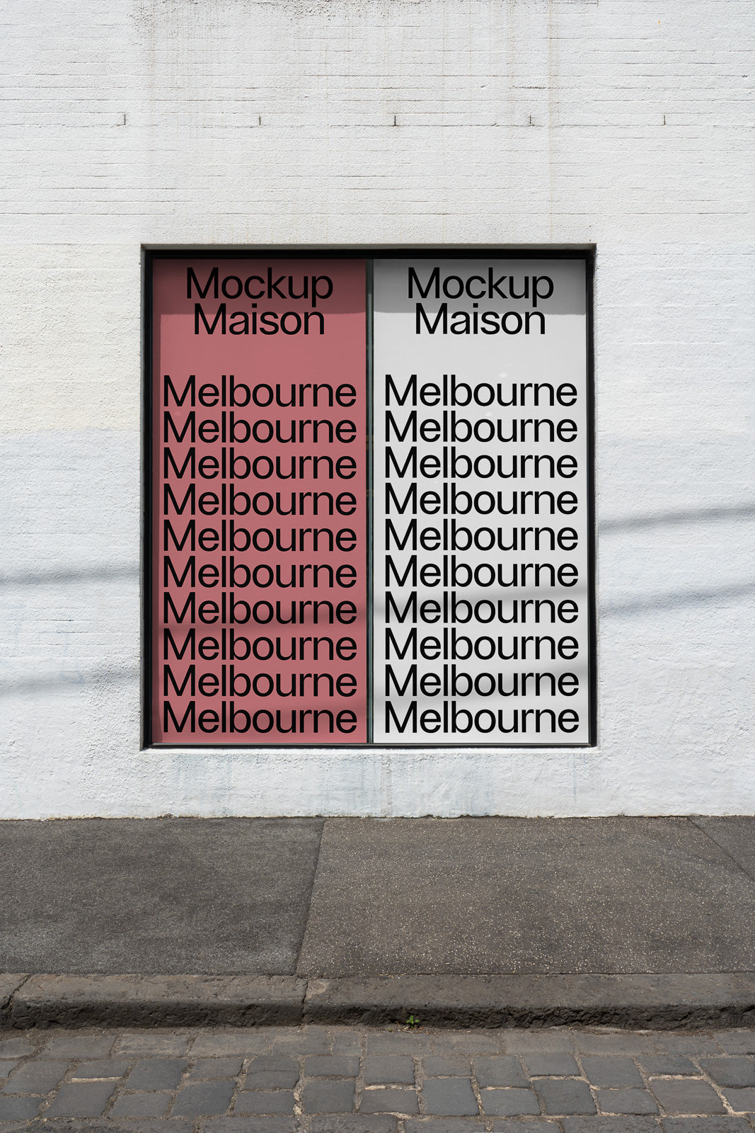 PSD mockup of two adjacent posters on a wall. Left poster has a red background with repeated text "Melbourne." Right poster has a white background, also with the text "Melbourne."