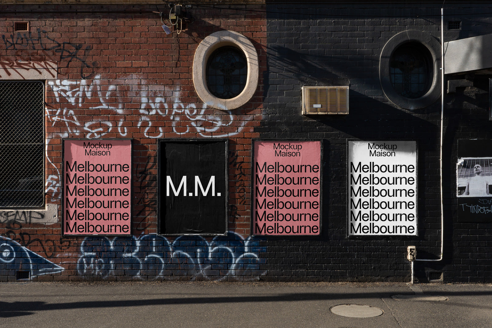PSD mockup of a brick wall with posters featuring repeating text "Melbourne" and "M.M." surrounded by graffiti, capturing urban street art vibe.