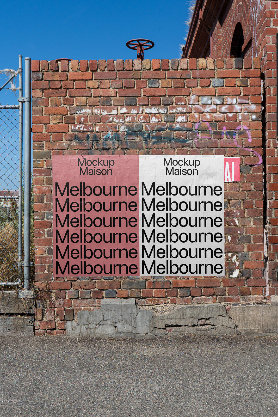 PSD mockup of two posters on a brick wall, one pink and one white, both featuring the word "Melbourne" in black text.