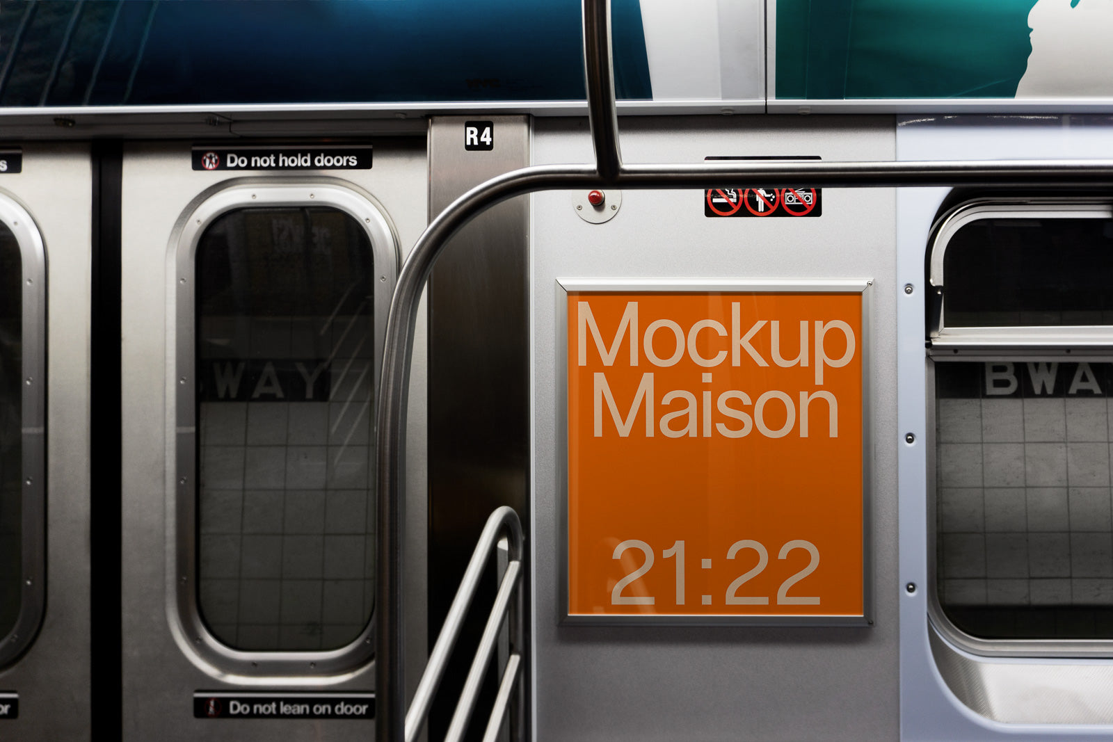 PSD mockup of a subway interior with an orange sign displaying "Mockup Maison 21:22" next to closed train doors labeled with safety notices.
