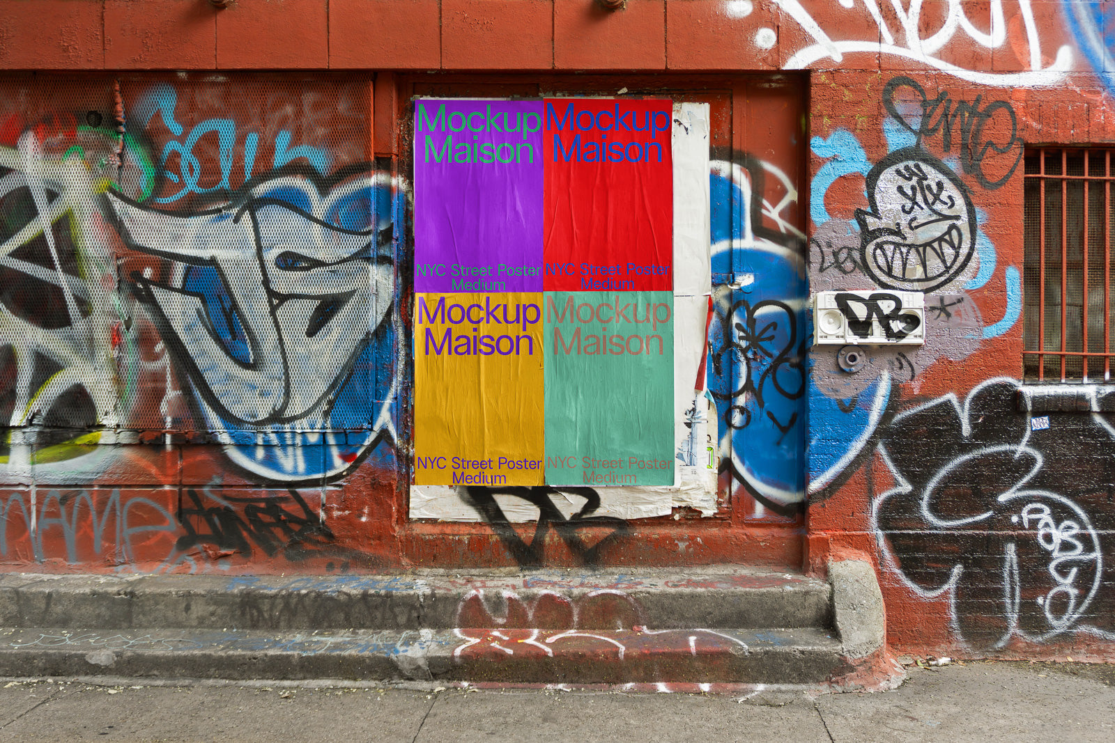 PSD mockup of a multicolored street poster on a graffiti-covered urban wall, featuring text "Mockup Maison" and "NYC Street Poster Medium" in various colors.