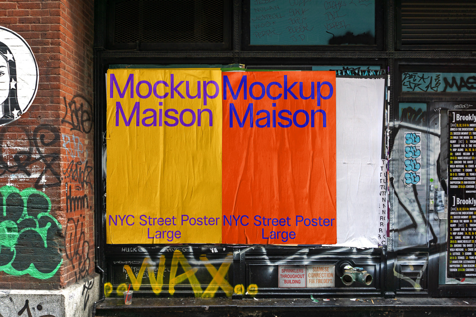 PSD mockup of large NYC street poster with text "Mockup Maison" in blue over yellow and orange backgrounds, surrounded by graffiti.