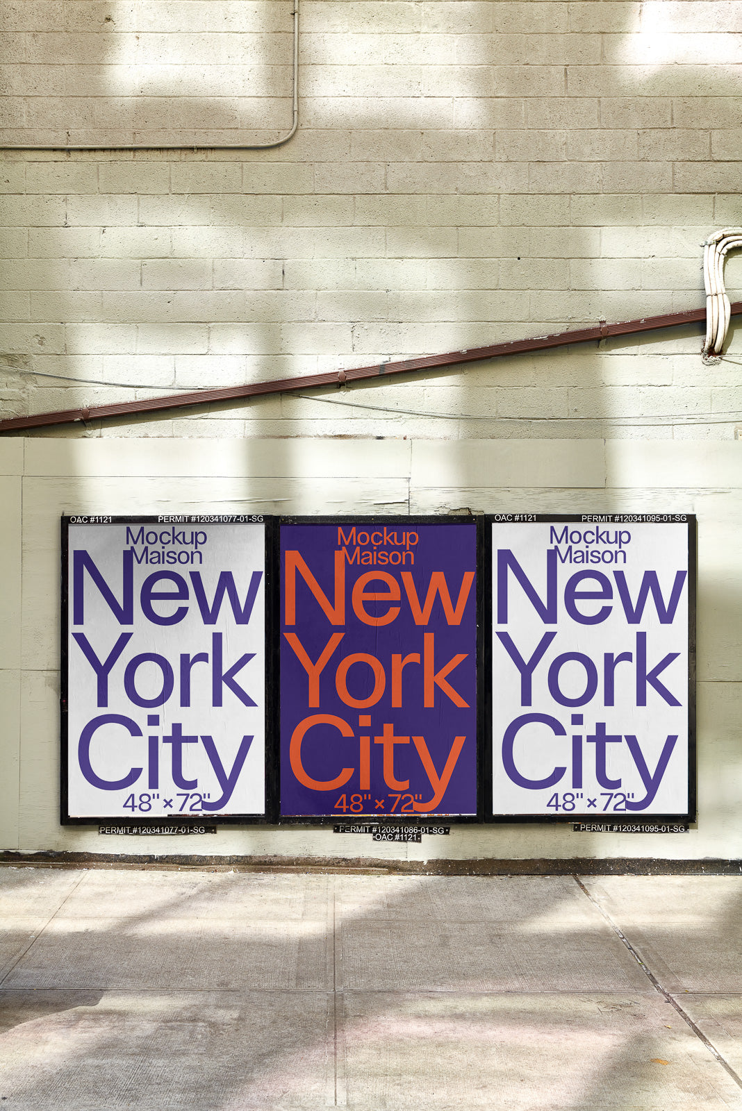 PSD mockup of three outdoor posters against a textured wall, featuring "New York City" in bold colors and typography, measuring 48" x 72".
