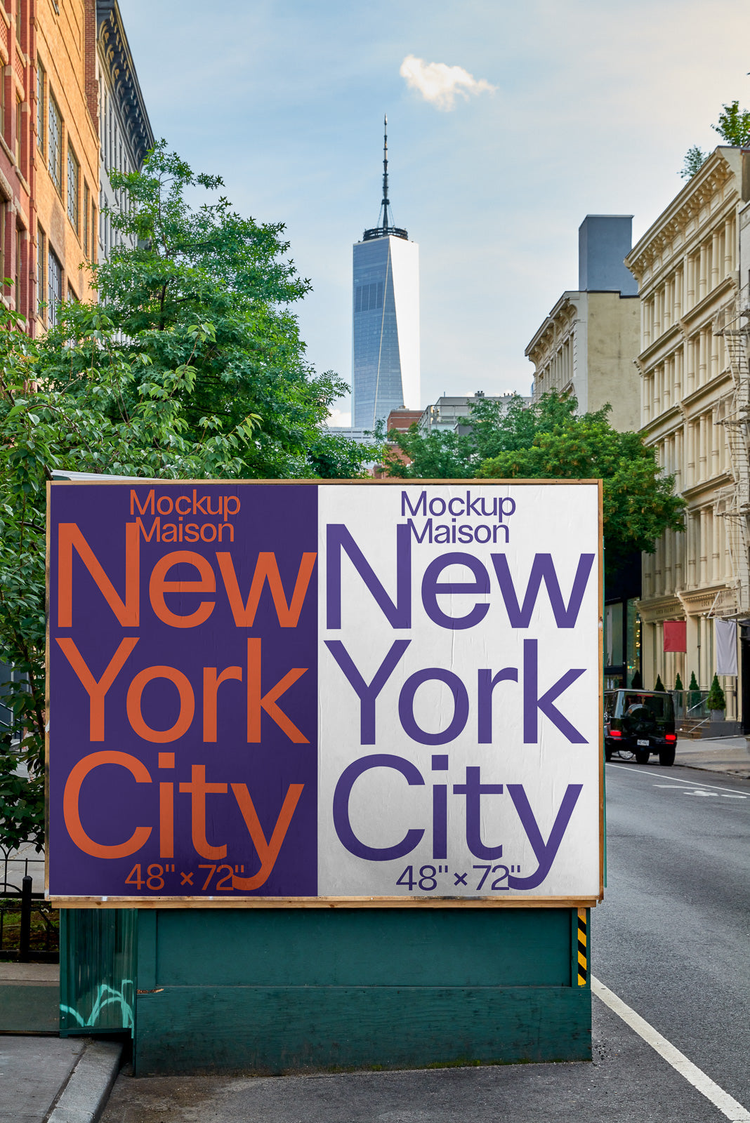 PSD mockup of a street billboard displaying bold text "New York City" with the One World Trade Center visible in the background.