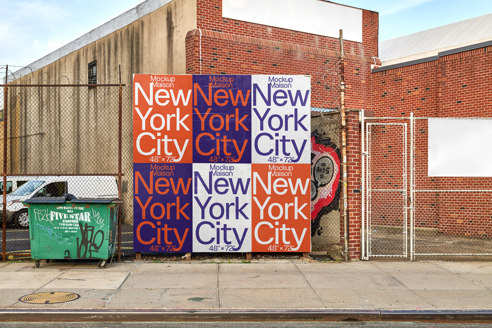 PSD mockup of posters on a city wall, each labeled "New York City" with alternating colors of red, blue, and white, next to a graffiti-decorated fence.