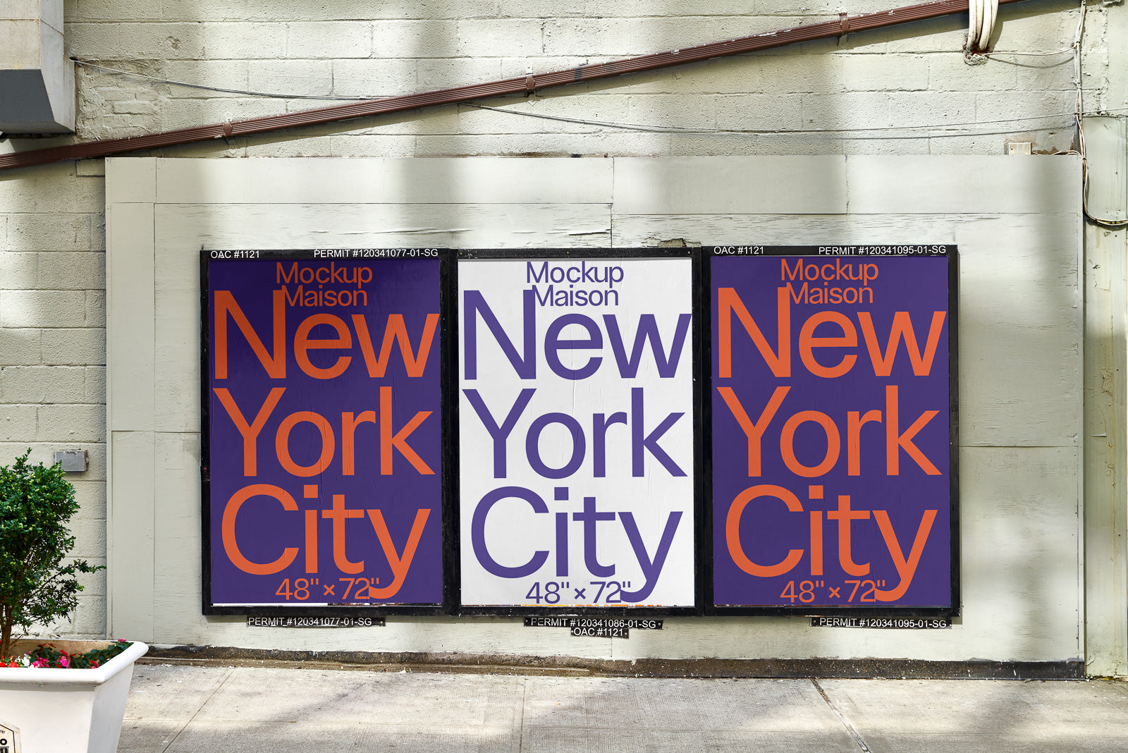 PSD mockup of three posters on a brick wall, displaying "New York City" in bold letters with varying colors and sizes, next to a sidewalk.
