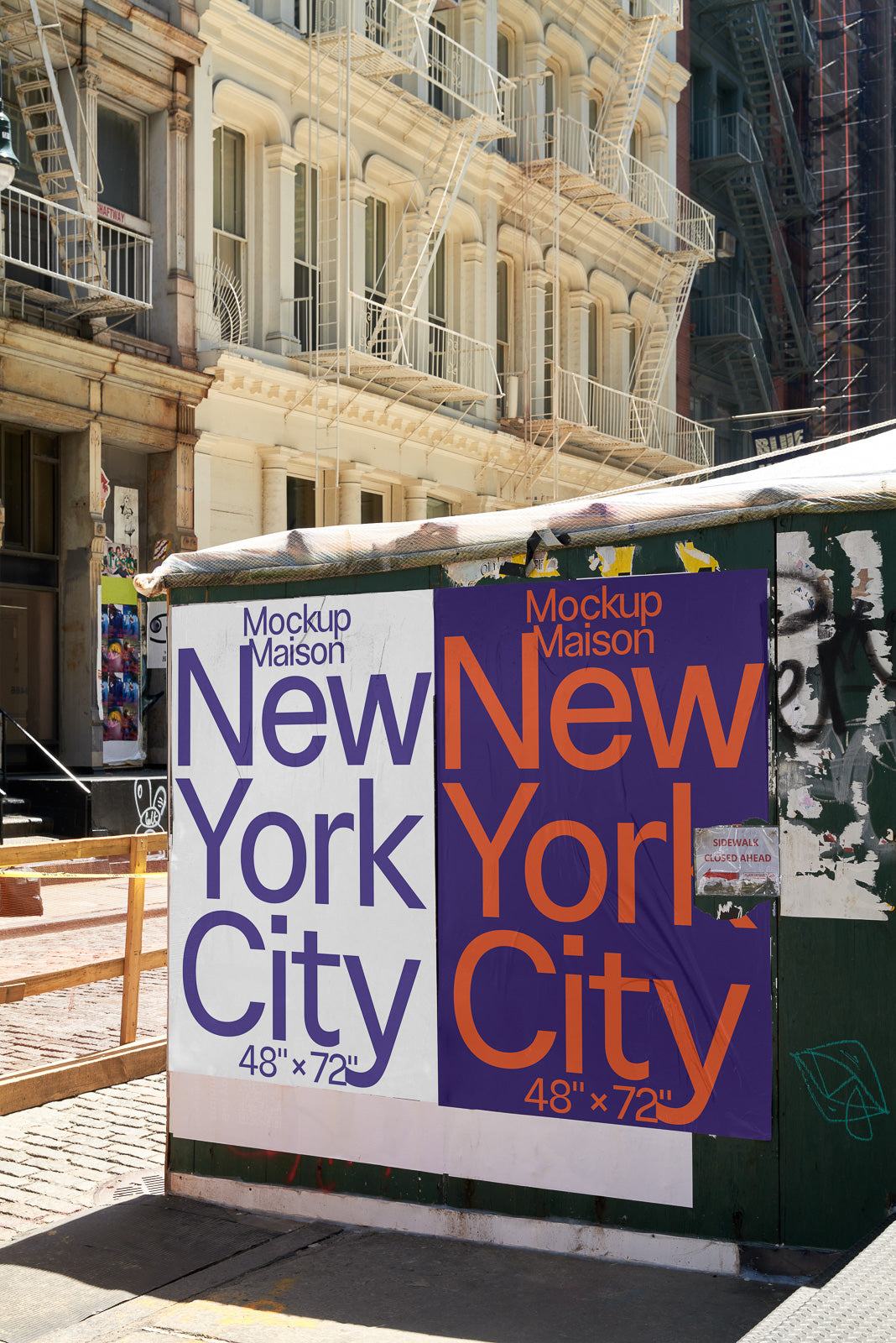 PSD mockup of two large posters with "New York City" text in different colors, displayed on a city street construction barrier.