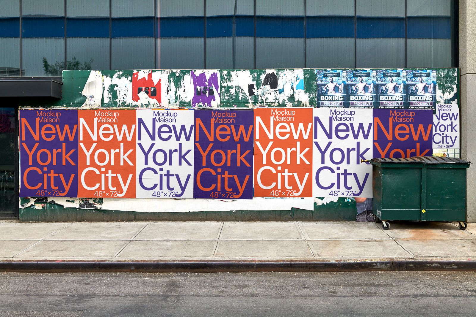 PSD mockup of a series of overlapping posters on a city wall, displaying text "New York City" in bold colors, adding urban aesthetic.