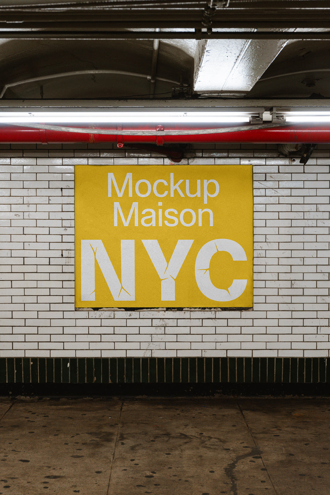 PSD mockup of a yellow subway station sign with the text "Mockup Maison NYC" against a white tiled wall.