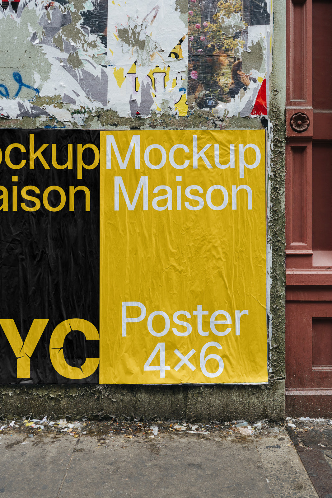 PSD mockup of a large, yellow poster with text "Mockup Maison Poster 4×6" placed on a weathered urban wall with layered torn paper.