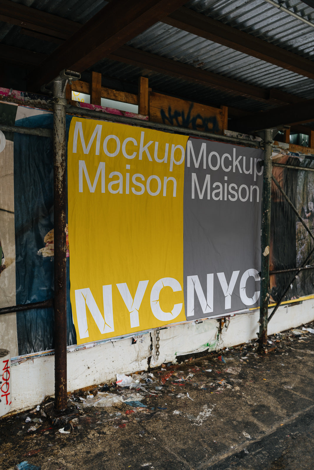 PSD mockup of a large street poster featuring the words "Mockup Maison" and "NYC" with a yellow and gray color scheme, displayed on a metal fence.