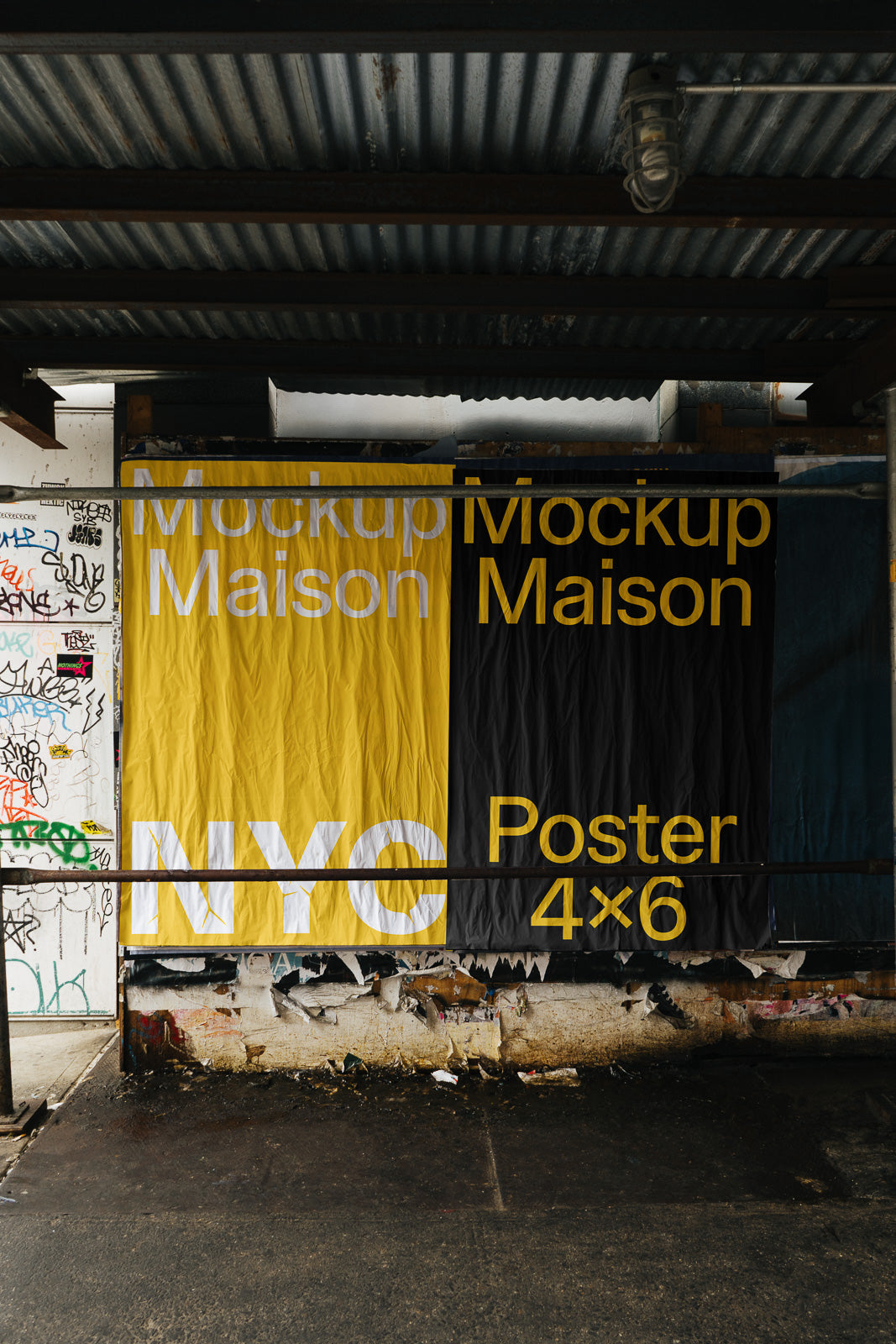 PSD mockup of a large poster displayed outdoors with a split design in yellow and black, featuring bold text "Mockup Maison" and "NYC Poster 4x6".