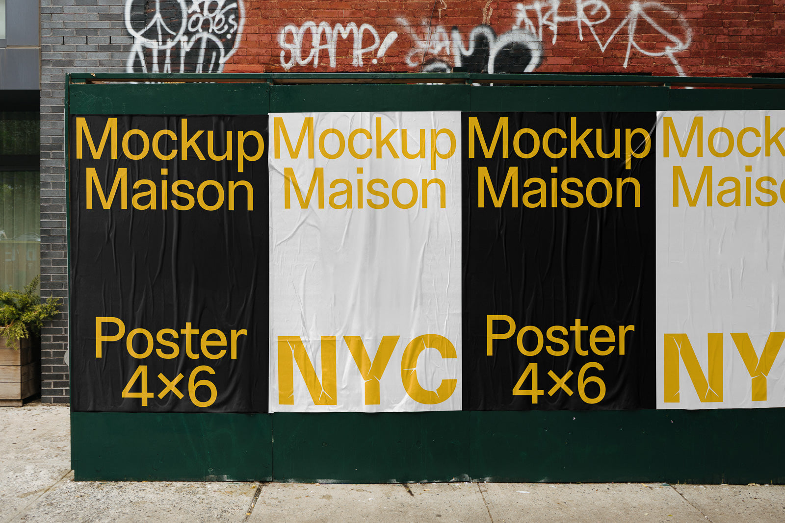 PSD mockup of three large posters on a brick wall, featuring bold yellow text reading "Mockup Maison" and "NYC" on black and white backgrounds.