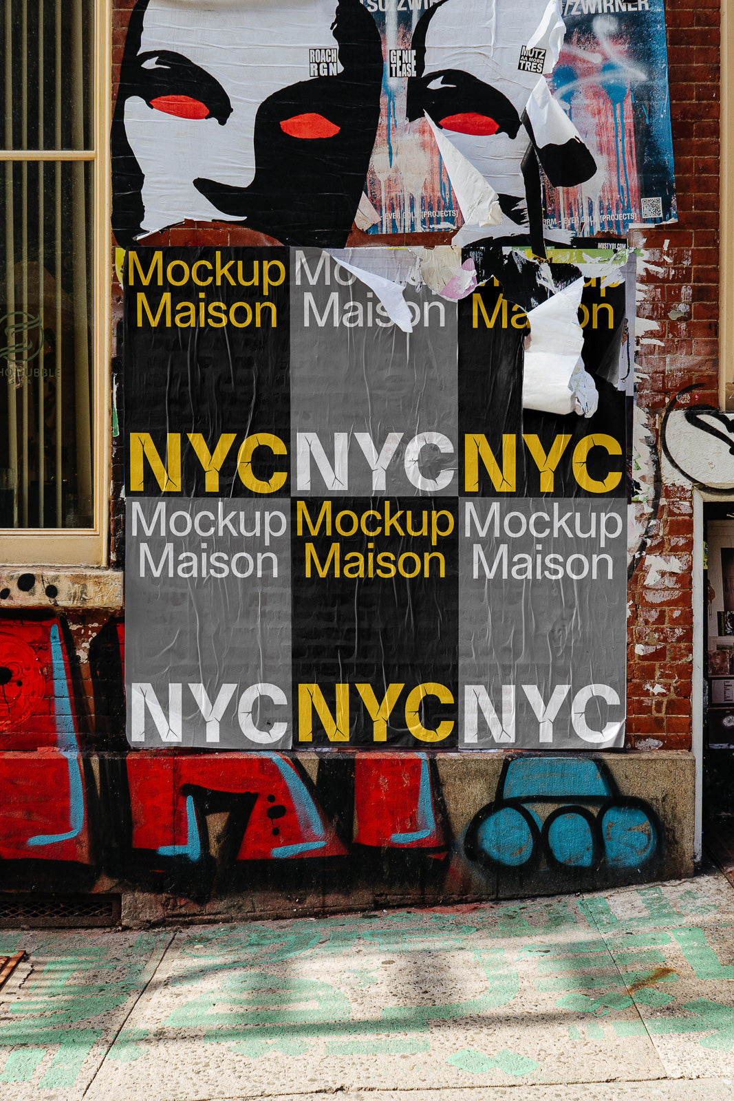 PSD mockup of street wall with layered posters displaying "NYC" and "Mockup Maison" against graffiti background.