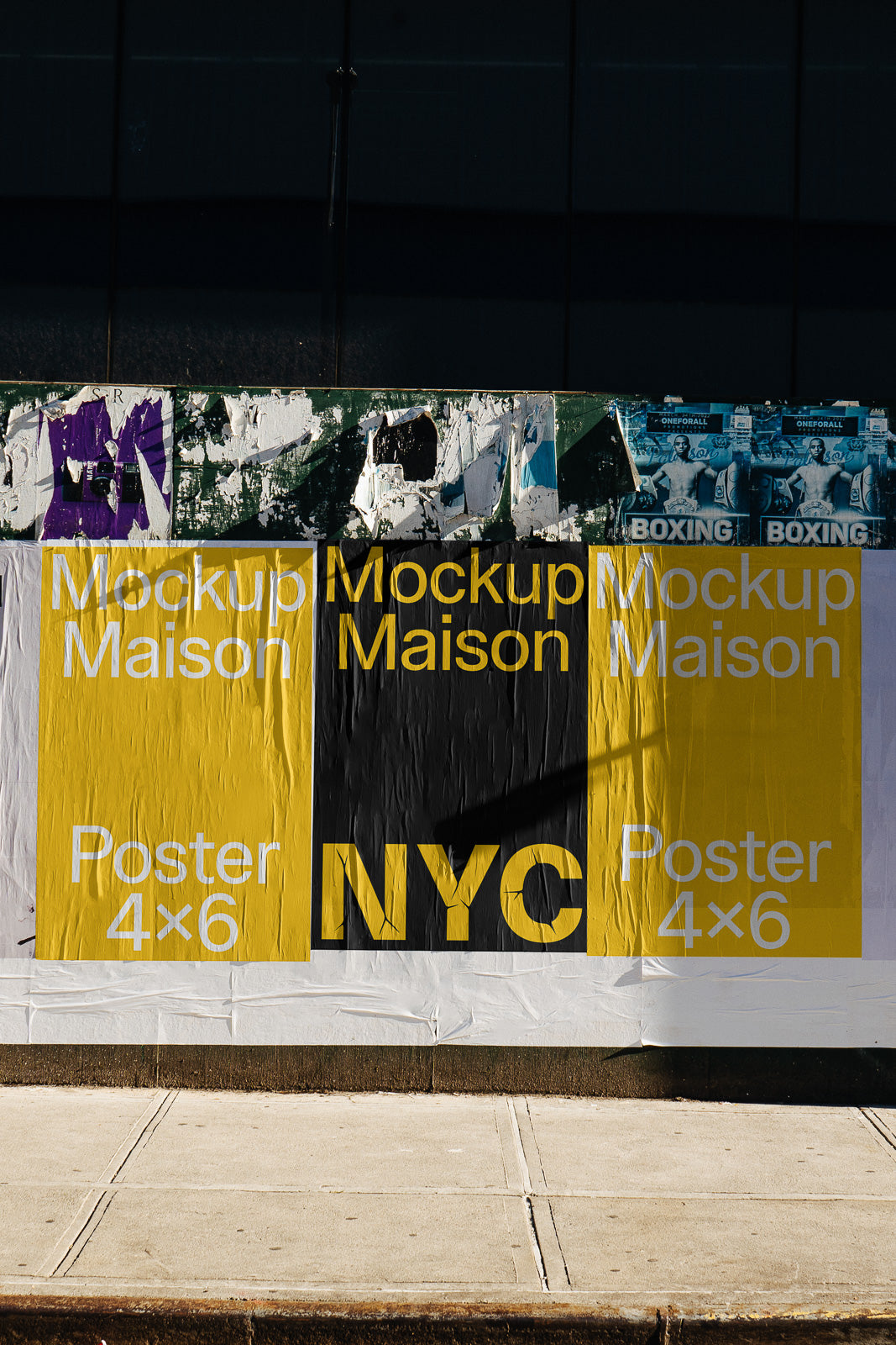 PSD mockup of an urban poster display featuring bold yellow and black colors, labeled "Mockup Maison" and "NYC" with a 4x6 size specification.
