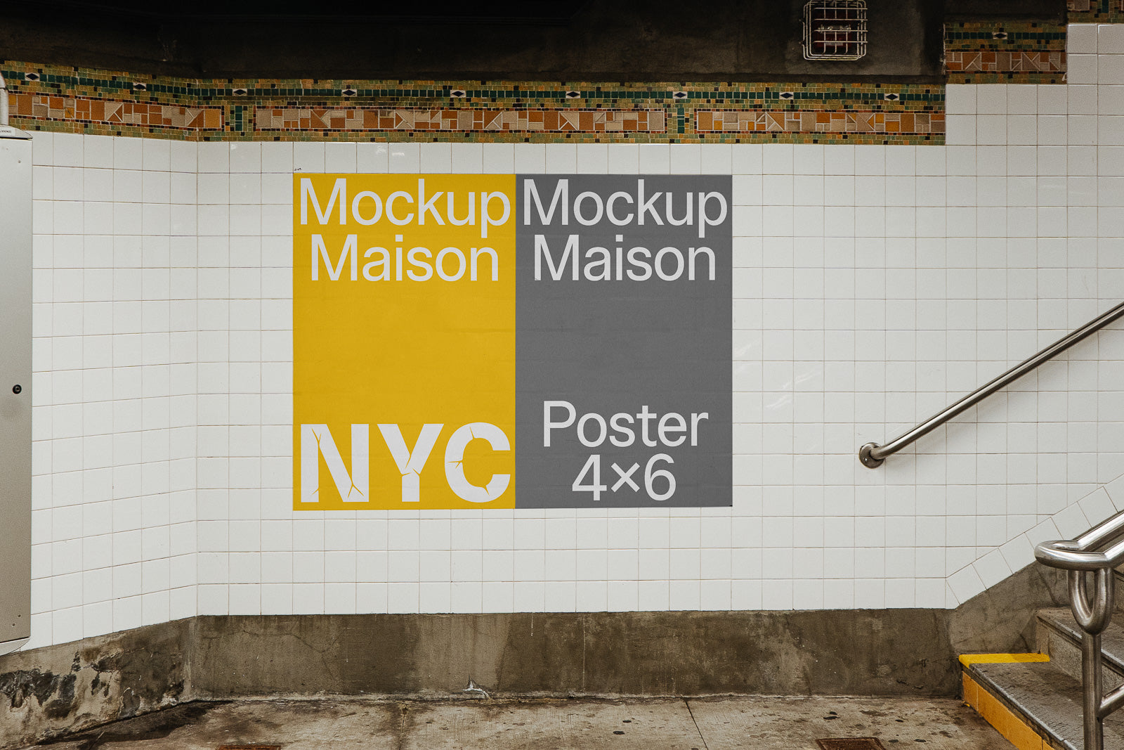 PSD mockup of a subway wall displaying two adjacent posters, one yellow with "NYC" text, the other gray, both labeled "Mockup Maison" and "Poster 4x6".