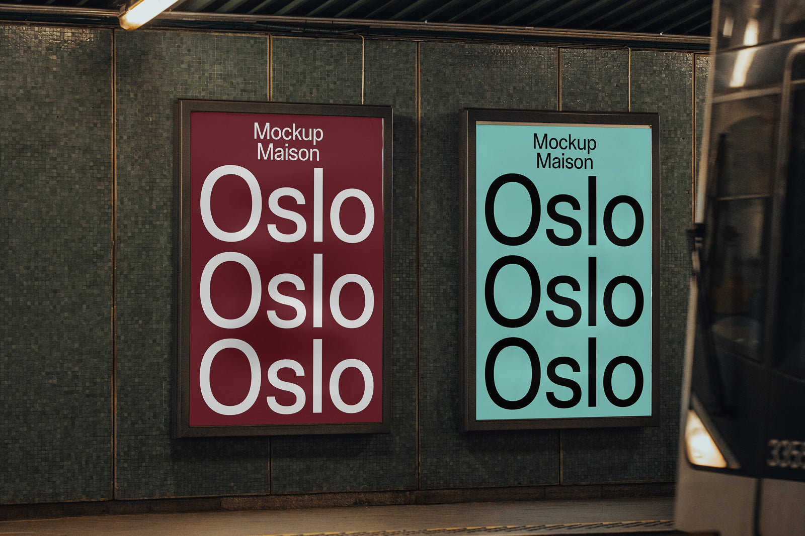 PSD mockup of two posters in a subway station, one with a dark red background and the text "Oslo" in white, the other with a light blue background and the text "Oslo" in black.