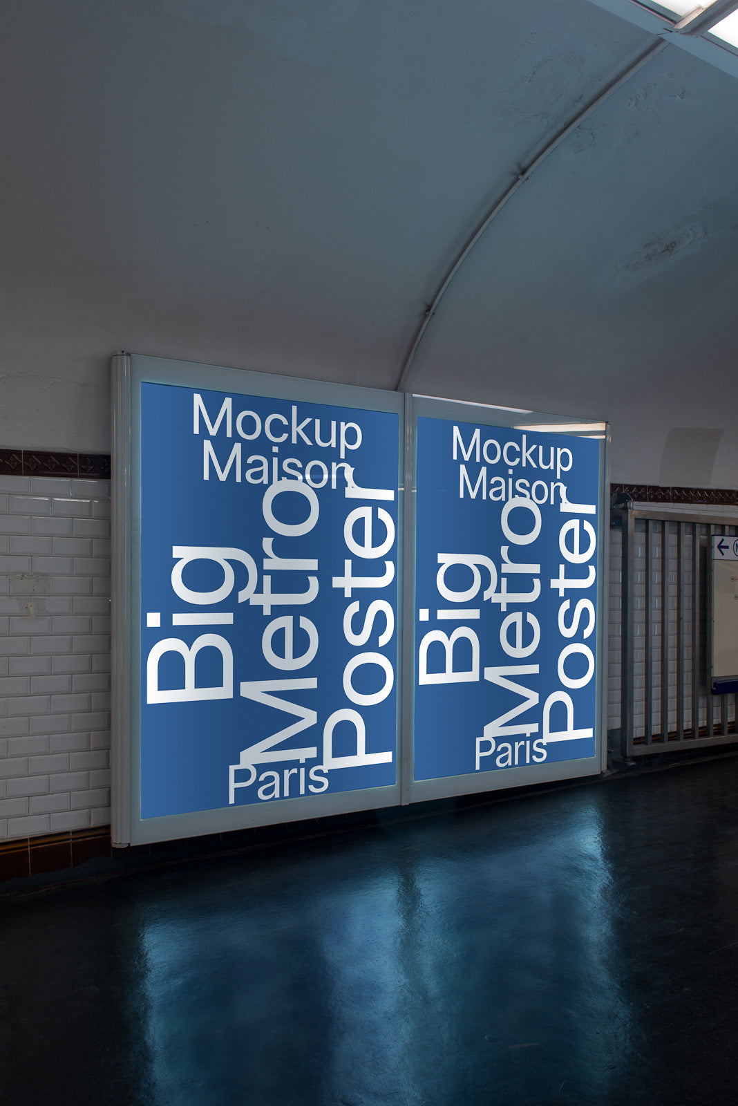 PSD mockup of two large blue metro posters with white text, displayed in an underground station setting with tiled walls and curved ceiling.
