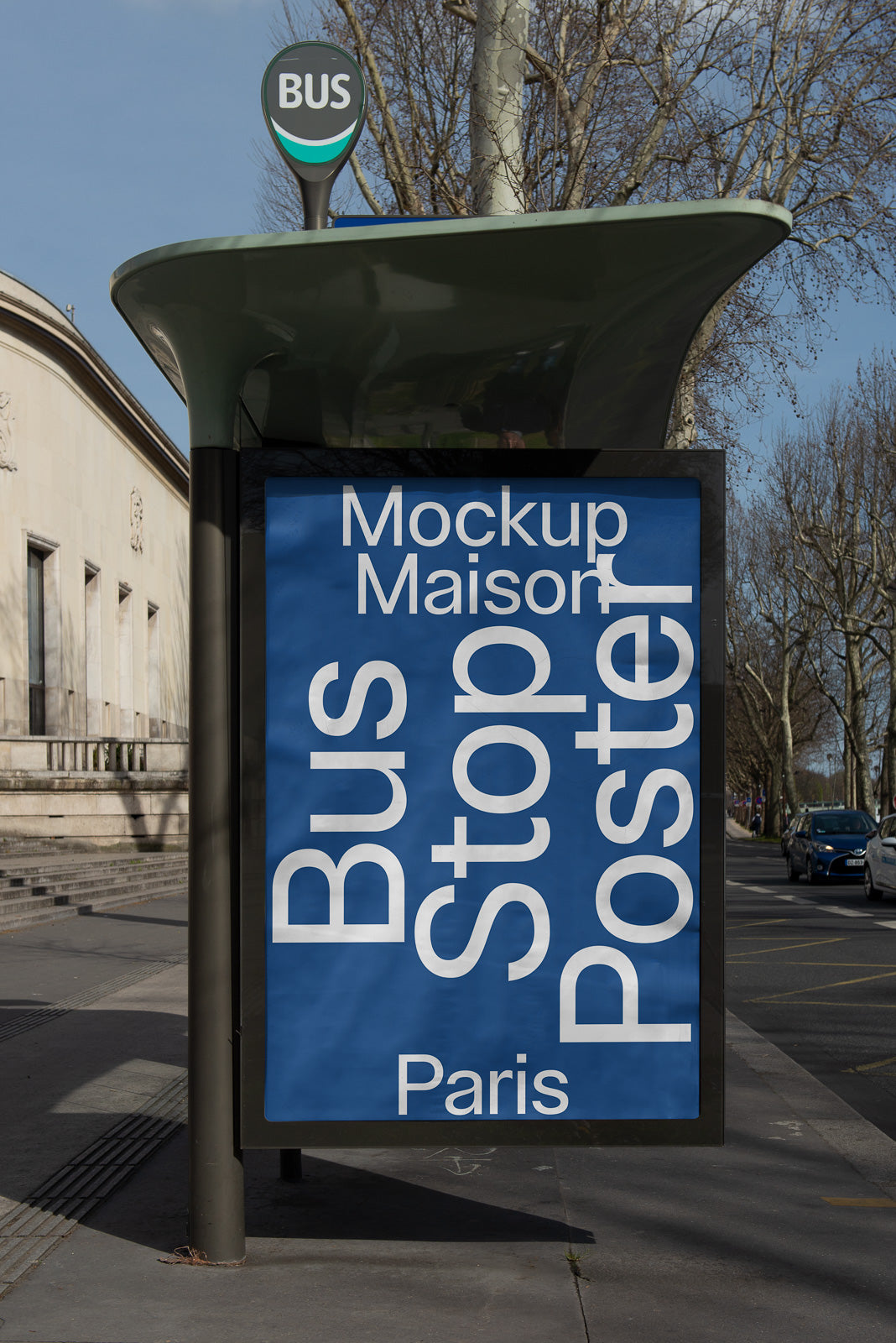 PSD mockup of a blue bus stop poster in an urban setting, featuring white text with words "Bus Stop Poster," "Mockup Maison," and "Paris."