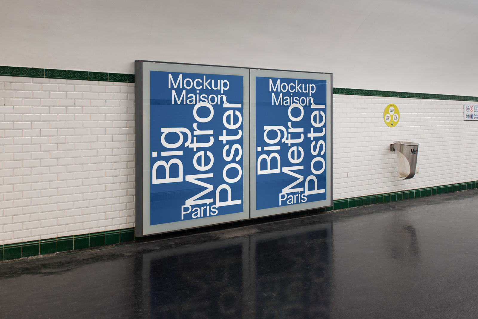 PSD mockup of two large metro posters displayed in an underground station with white tiled walls, green border details, and reflective flooring.
