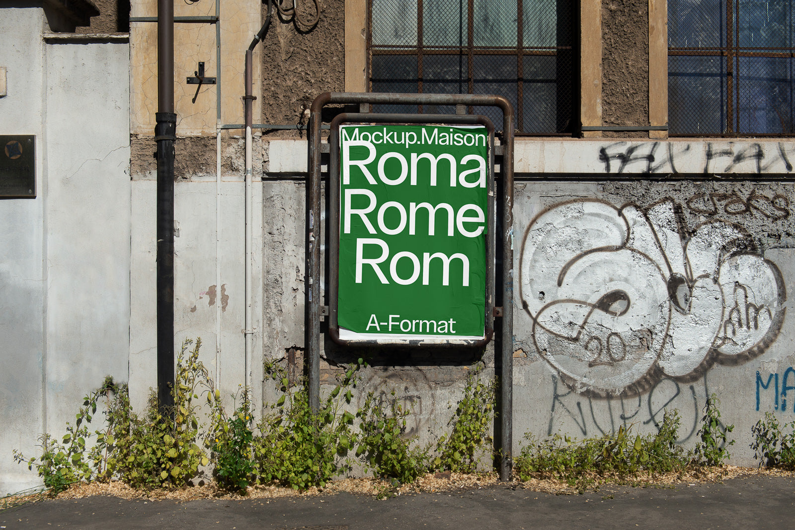 PSD mockup of a green outdoor poster reading "Mockup.Maison Roma Rome Rom A-Format" on a grungy urban wall with graffiti.