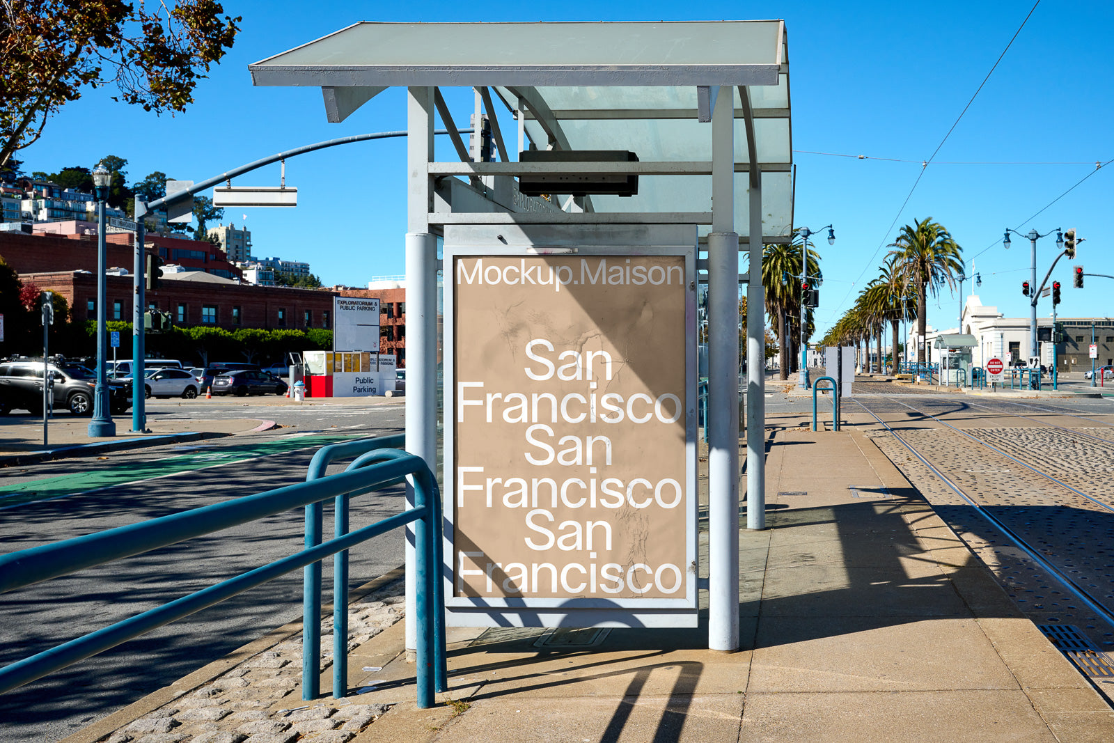 PSD mockup of a bus stop advertisement in an urban setting with "San Francisco" displayed multiple times, highlighting outdoor advertising potential.