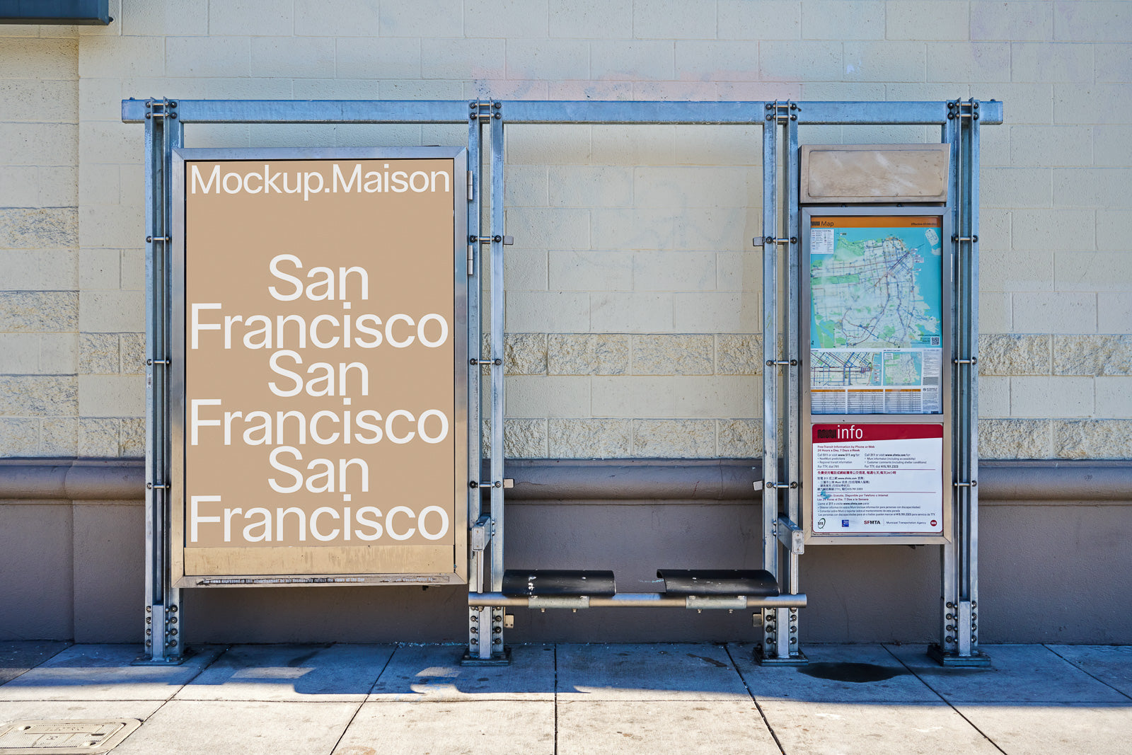 PSD mockup of a bus stop advertisement with the repeated text "San Francisco" in white on a beige background, next to a city map display.