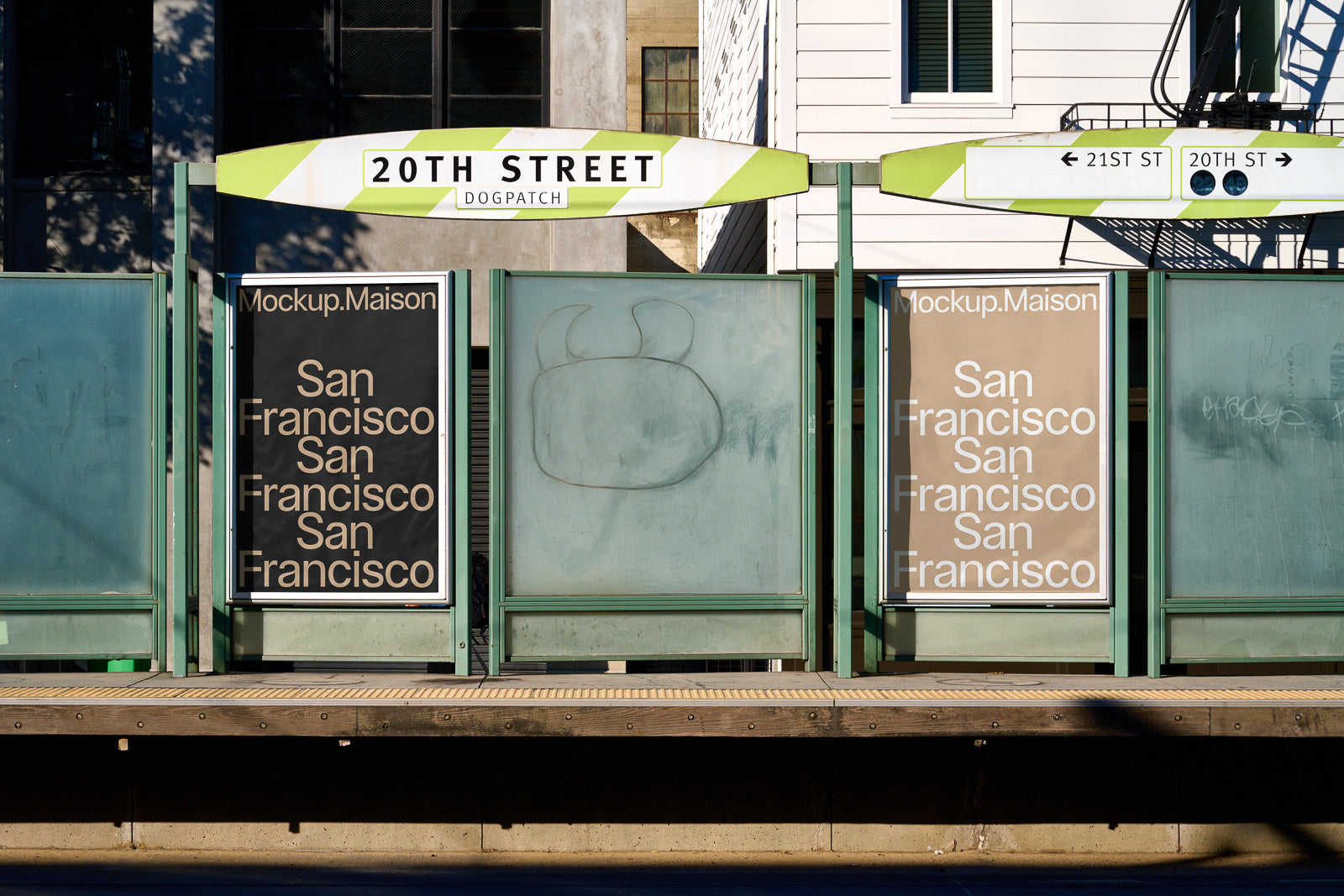 PSD mockup of a bus shelter displaying two posters with the text "San Francisco" repeated, under the sign "20th Street Dogpatch."