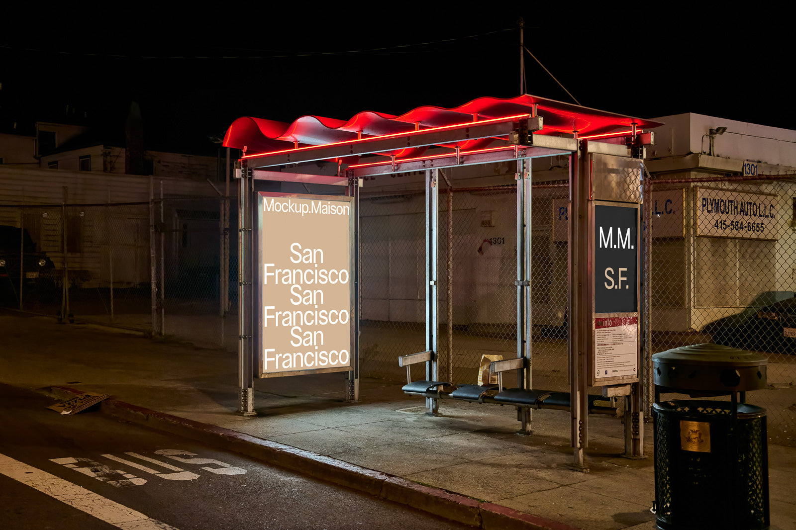 PSD mockup of a bus shelter at night with a glowing red roof, featuring an illuminated digital advertisement panel displaying the text "San Francisco" repeatedly.