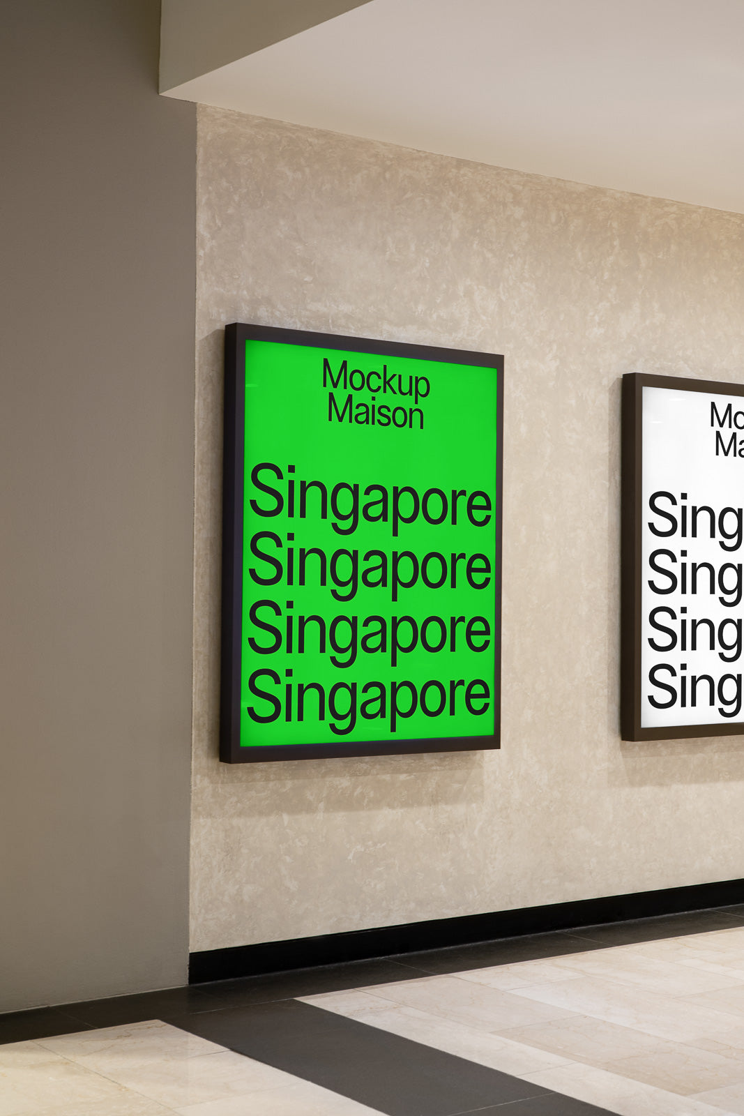 PSD mockup of a wall-mounted poster labeled "Mockup Maison" with the word "Singapore" repeated on a bright green background.