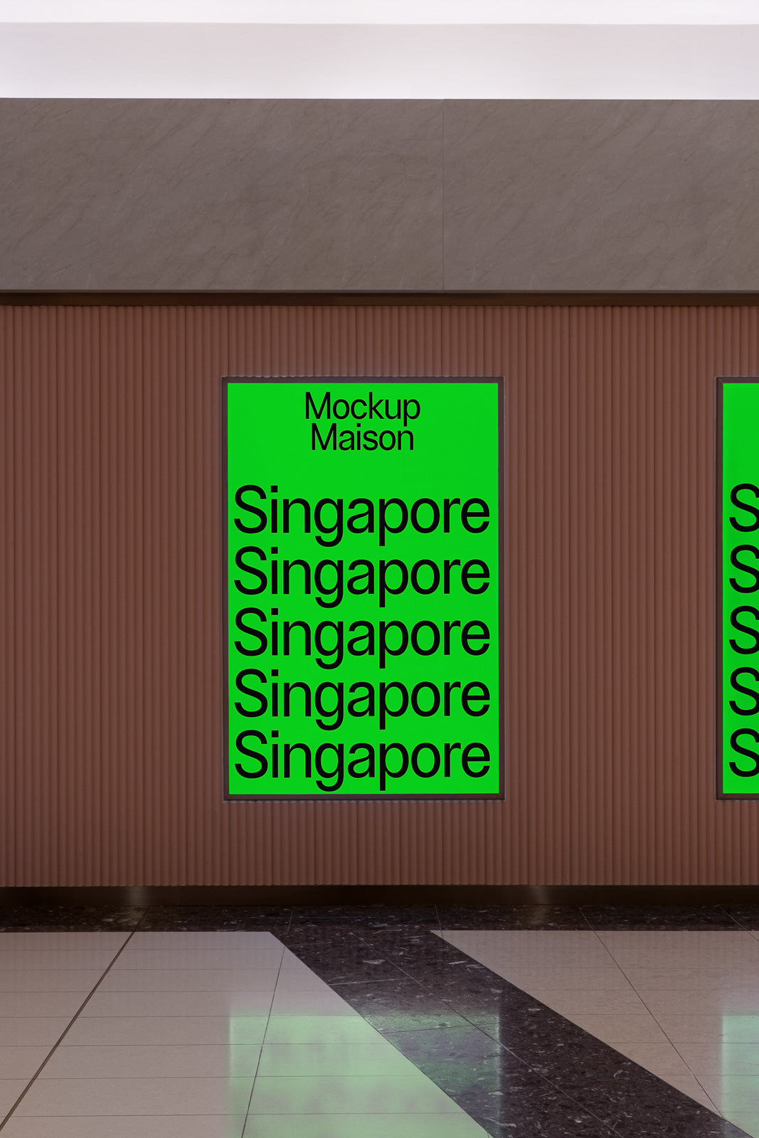PSD mockup of a green poster displaying the word "Singapore" repeatedly, mounted on a textured brown wall in an indoor setting.