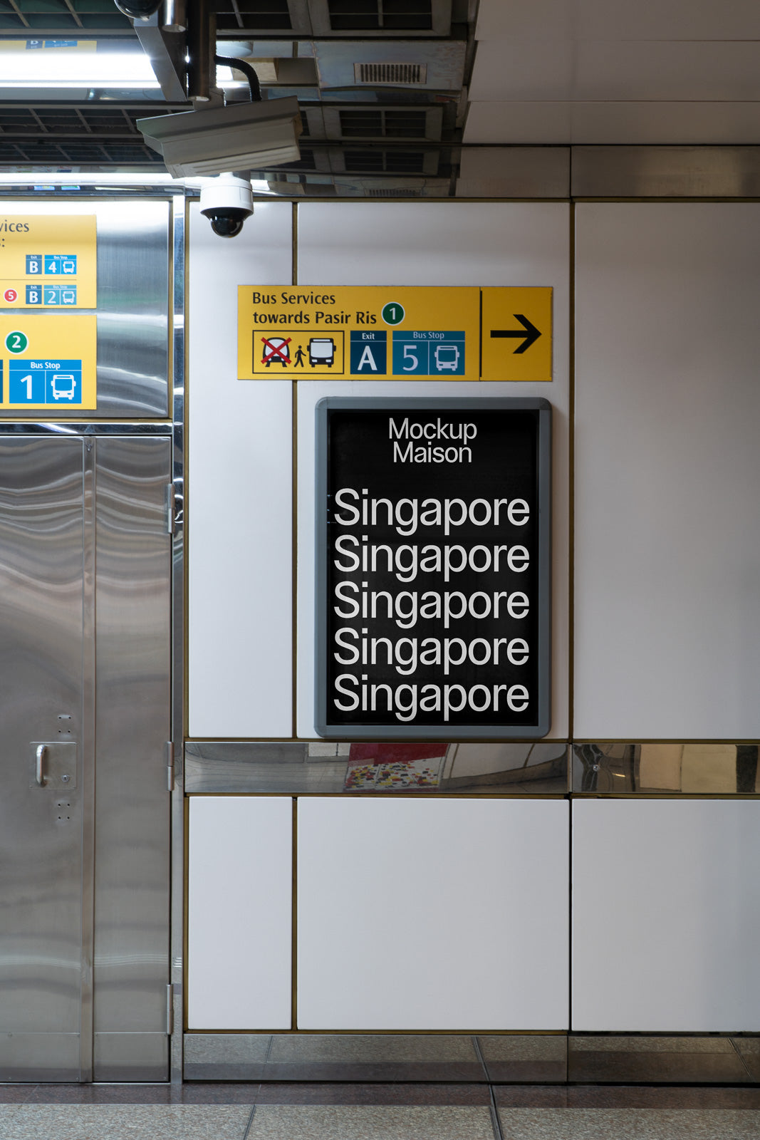 PSD mockup of an indoor advertisement display in a public transit area, featuring repeated text "Singapore" with directional signage above.