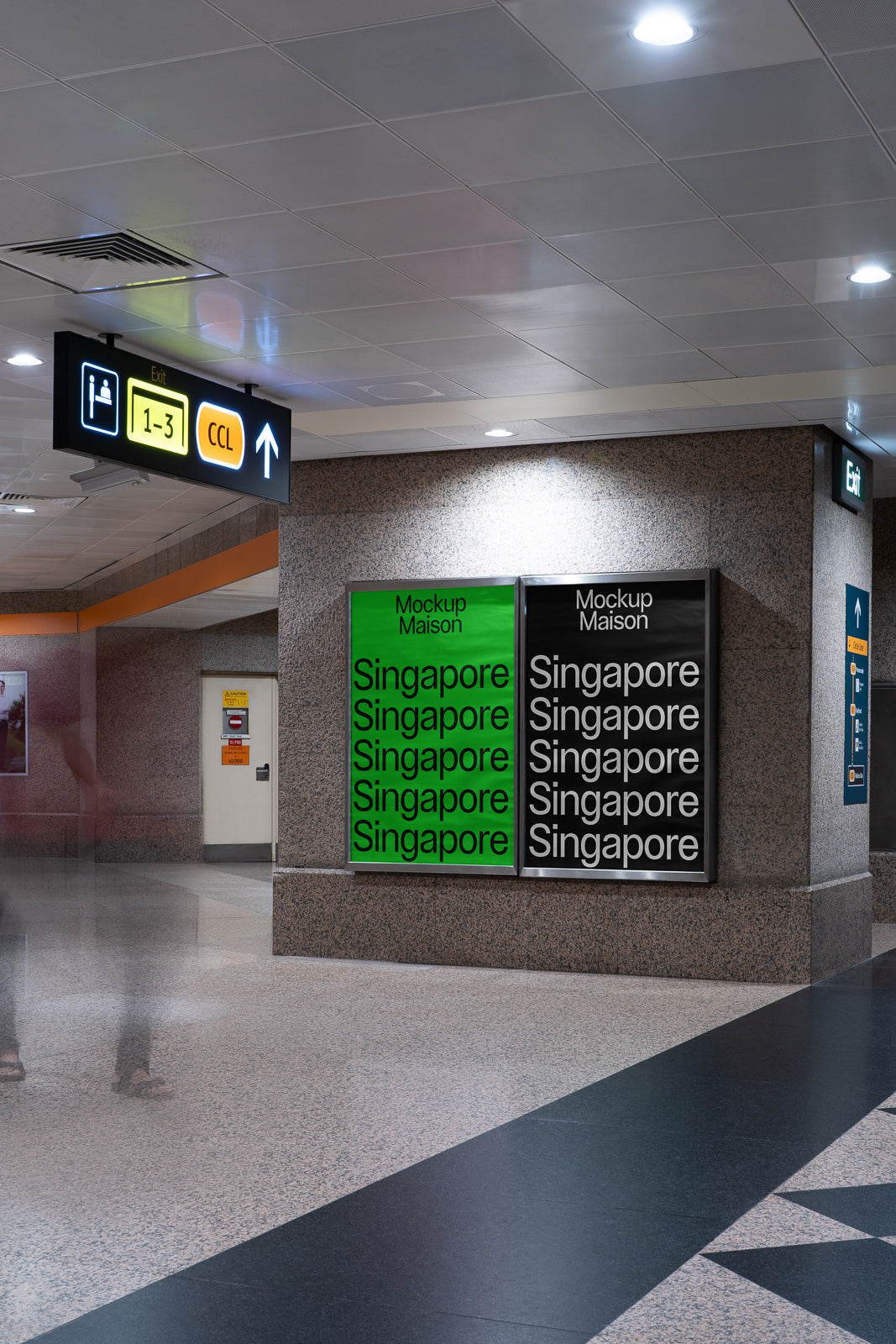 PSD mockup of two posters in a subway station, featuring repeated text "Singapore" in contrasting green and black backgrounds, under a ceiling sign.