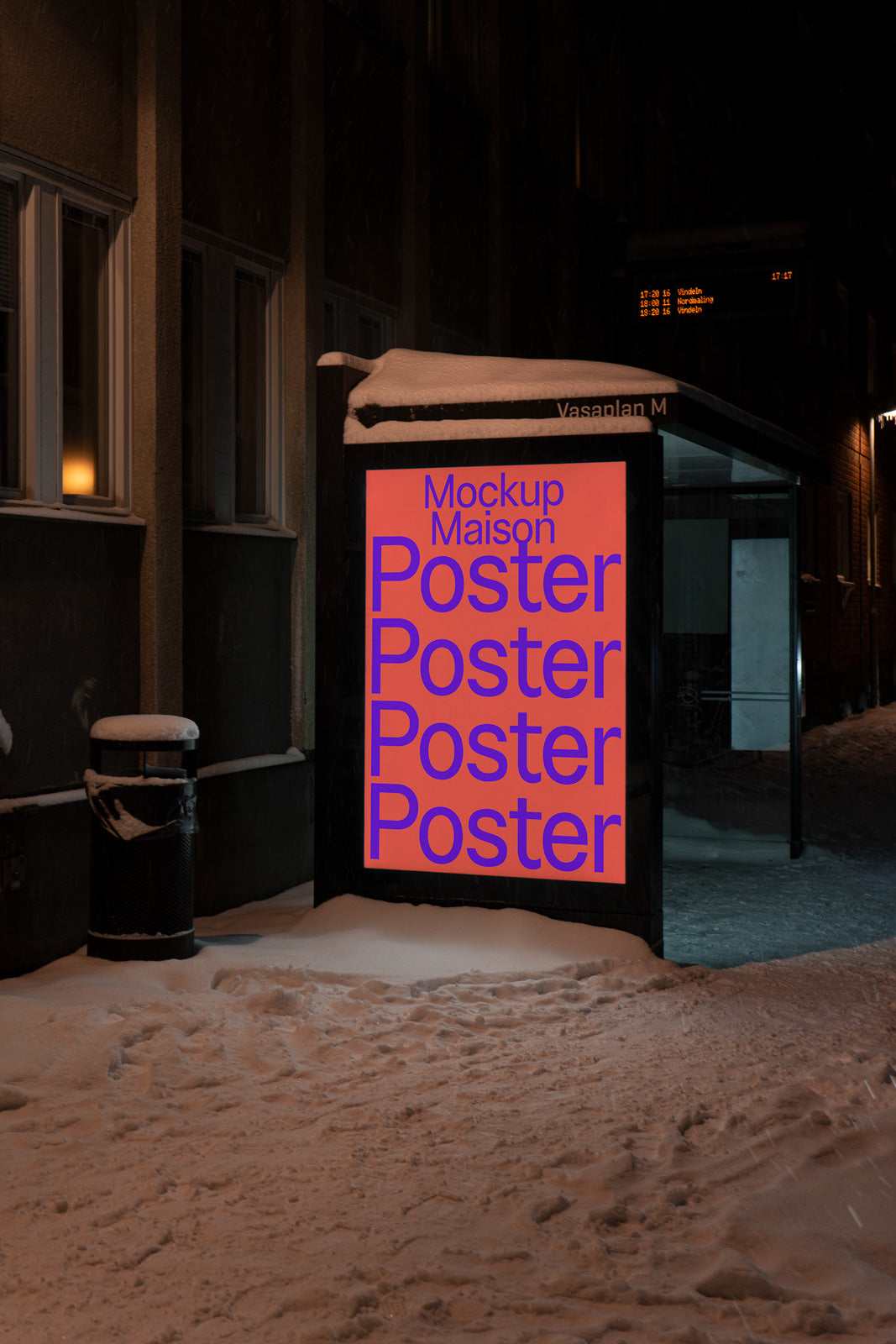 PSD mockup of a bus stop poster display at night, illuminated and covered in snow, with bold text reading "Mockup Maison Poster" in purple on an orange background.